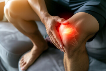 Man suffering from knee pain in medical office. Pain in the knee.
 - obrazy, fototapety, plakaty