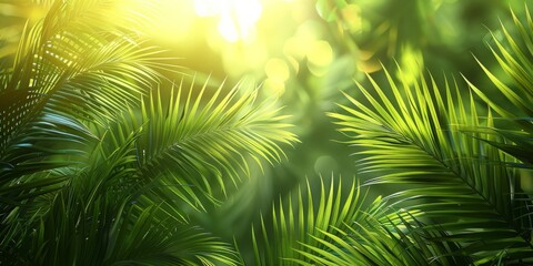 Sunlight Filters Through the Vibrant Green Fronds of Palm Leaves, Invoking the Spirit of a Tropical Paradise, Generative AI