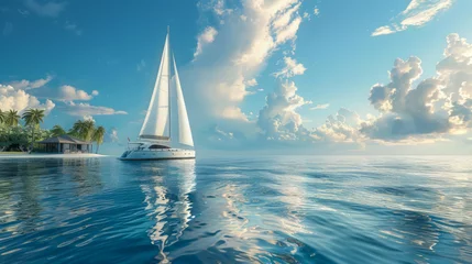 Rolgordijnen Grand Cayman resort, elegant white sailboat at sea © DB Media