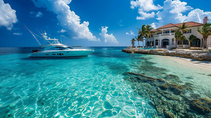 Grand Cayman resort, elegant white yacht at sea
