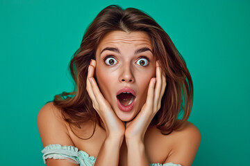 surprised woman with her hands on her face in shock on a green background - obrazy, fototapety, plakaty