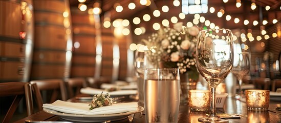 A table set with wine glasses and place settings in an elegant indoor setting, decorated with fairy lights for a romantic wedding reception at a winery or brewery cellar venue.