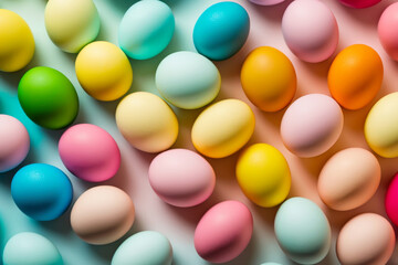 Multicolored Easter eggs decoration arranged on pastel backdrop. Spring colors Easter background - 743160866