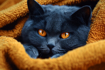 Cute blue british cat lying on sofa with yellow knitted sweater
