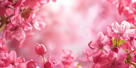 Pink  flowers on pink background. Floral border. Flat lay.
