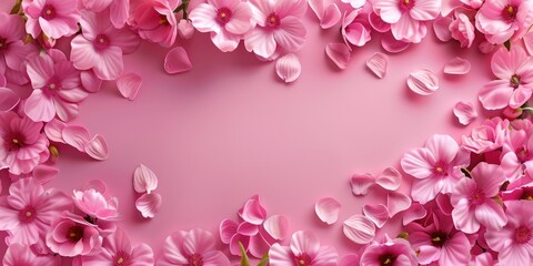 Fototapeta na wymiar Pink flowers on pink background. Floral border. Flat lay.
