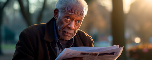 An African American senior reads the morning newspaper in a sunlit park, his curiosity reflecting a...