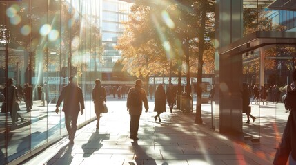 Modern city life, people silhouettes walking at rush hour with city lights and reflections