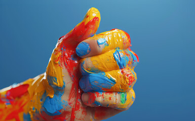 Obraz na płótnie Canvas Childs hand giving a thumbs up, smeared with vibrant paint
