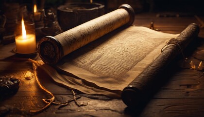 Fototapeta premium manuscript, old, paper, book, antique, text, ancient, page, candle, parchment, letter, vintage, background, retro, horizontal, image, candlelight, medieval, history, document, picture