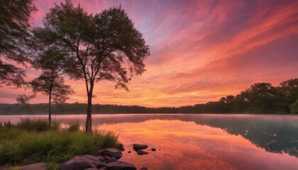 Fototapeta na wymiar sunrise, sunset, landscape, tranquility, horizon, calming, lake, reflection, sky, water, silhouette, dawn, dusk, colors, hues, pink, orange, purple