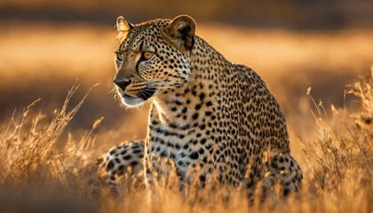 Naklejka premium predator, hunt, muscle, golden, Stealthy Leopard Silently Stalks Its Prey Amidst Dense African S