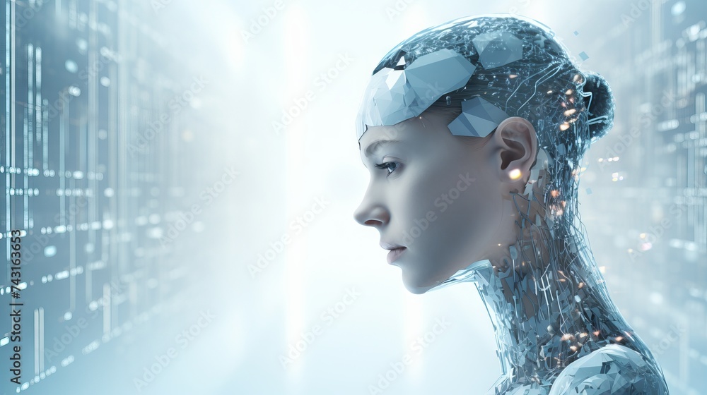 Poster futuristic female android profile with visible cybernetic brain and circuits. concept of advanced ro