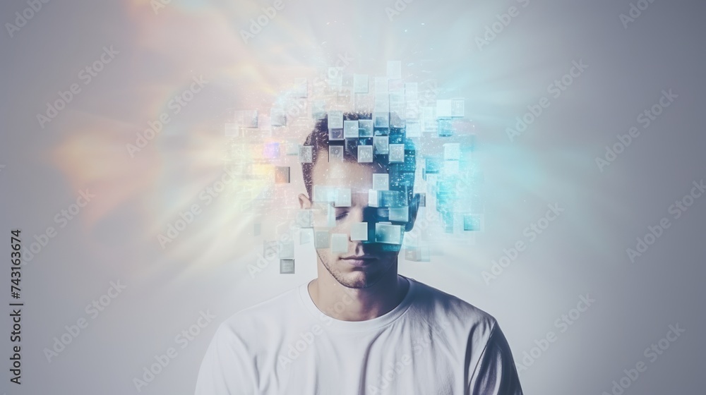Poster man with head transforming into digital blocks. concept of virtual reality, digital identity, online