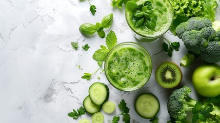 Obraz premium Different types of fresh green vegetables and fresh green smoothie in glass cup on white background, copy space. Farm to table abundance concept. Health, vitamins and healthy lifestyle. Generative ai
