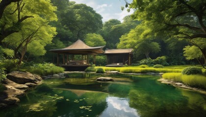 Naklejka premium meditation, nature, tranquility, pond, greenery, tree, reflection, serenity, oasis, landscape, outdoors, summer, sky, water, sunlight, relaxation, travel destination, lake, atmospheric mood