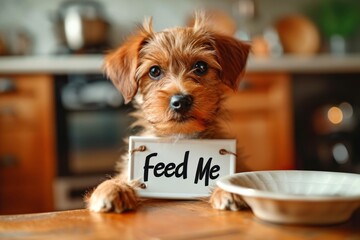 Cute hungry dog holding a "Feed Me" cardboard sign in the kitchen setting. Concept of pet care, animal feeding, funny dogs, and humorous pet expressions.