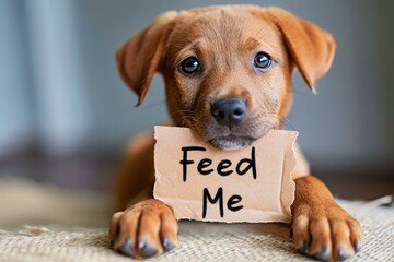 Cute hungry puppy holding a "Feed Me" cardboard sign. Concept of pet care, animal feeding, funny dogs, and humorous pet expressions.
