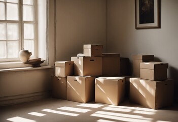 boxes, table, room, daylight, window, cardboard, simplicity, arrangement, unmarked, surface, minimalist, textured, sturdy, lightweight, unadorned, finish, box, carton