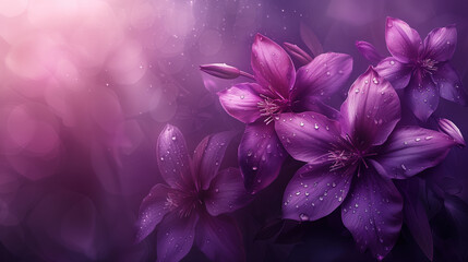 Purple background with space for text and flowers on the side of the background