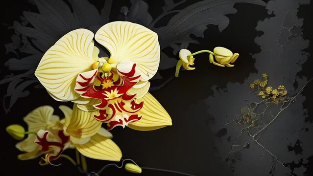 Close up image of blooming yellow orchids with red pattern, set against a contrasting black backdrop