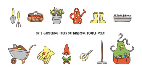 Cute gardening tools doodle icons. Hand drawn garden equipment items countryside sustainable living vector illustration. Line art icon set spring summer clipart. Rural spring garden work and hobby.