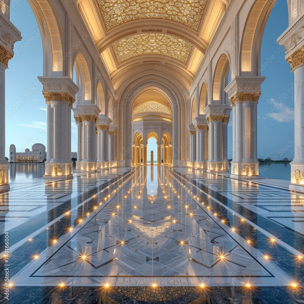 Sticker a large white and gold hallway with columns and lights