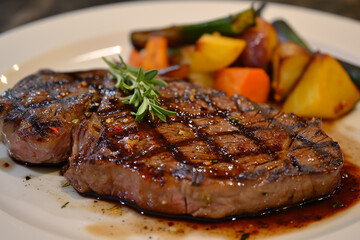A plate of steak with a side of roasted vegetables. The steak is cooked to medium-rare perfection