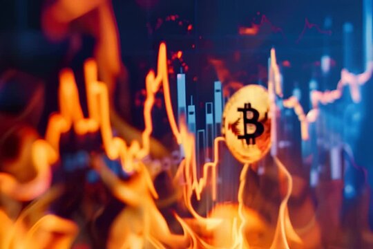 Bitcoin currency and graph, background with fire flames, cryptocurrency and investment concept.