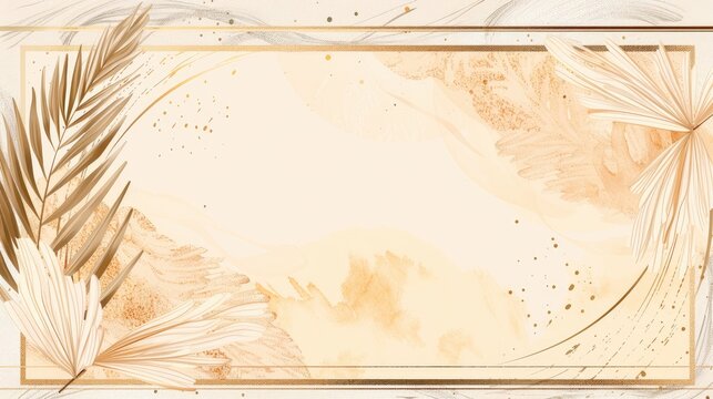 Watercolor background with palm leaves in beige and golden colors