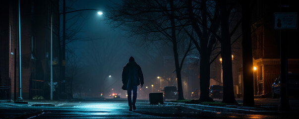 A solitary figure walks on a rain-slicked street at night, enveloped in fog and urban glow. Streetlights cast a hazy illumination, evoking a film noir vibe. - obrazy, fototapety, plakaty