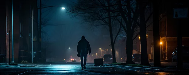 Foto op Plexiglas A solitary figure walks on a rain-slicked street at night, enveloped in fog and urban glow. Streetlights cast a hazy illumination, evoking a film noir vibe. © stateronz