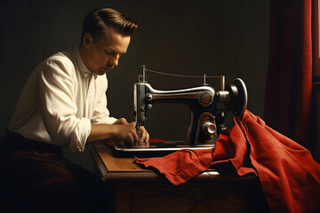 Man sewing with a old sewing machine, making clothes, sewing clothes, working with fabric - obrazy, fototapety, plakaty