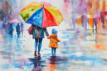 A picturesque watercolor painting of a mother and her child walking in the rain, with a colorful umbrella above them