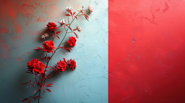 A sprig of red rose on a white and red background. Copy space. Space for text