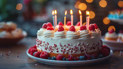 Birthday cake with candles with bokeh effect in the background - Powered by Adobe