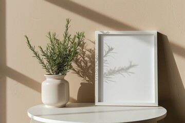 Tranquil Greenery: Close-Up of Fragrant Rosemary in White Vase with Blank Square Frame on Round Table Against Beige Wall