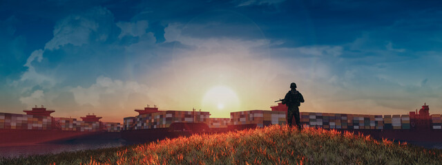 Sunset Watch Over Container Port: Soldier Surveying the Docks