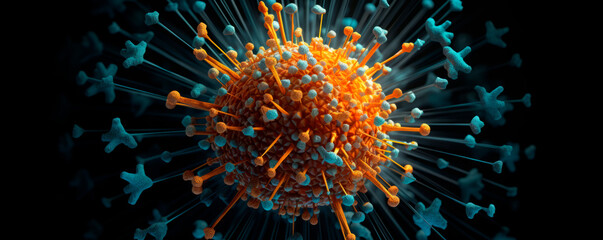 A striking 3D visualization presents the coronavirus with red spikes on a teal blue envelope, offering a detailed view virus's structure, pivotal for understanding its biology and impact on health. - obrazy, fototapety, plakaty