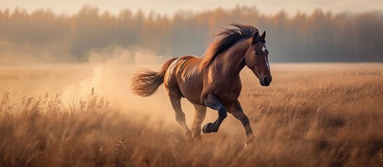 A majestic horse is gracefully galloping through a field of tall grass in Leningrad Oblast. The horses powerful strides create a striking sight against the backdrop of the endless open pasture. - obrazy, fototapety, plakaty