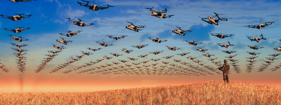 Vast Formation of Military Drones Commanded by a Lone Soldier at