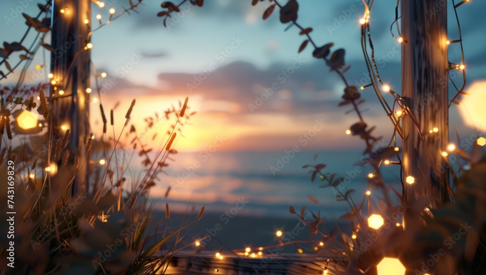 Poster frame of lights with light up lights sunset lighting background in the wooden frame generative ai