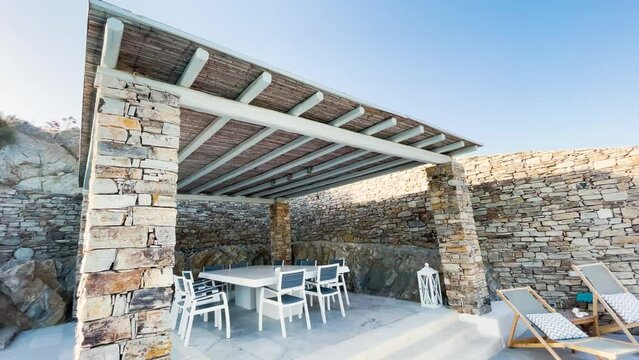 Trendy outdoor patio pergola shade structure, awning and patio roof, garden lounge and chairs