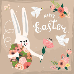 Happy Easter greeting card with cute bunny,decorated egg,floral composition and hand lettering.Grunge background with spring flowers and flying birds.Banner template,cover.Hand drawn illustration.