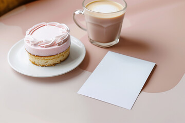 Fototapeta na wymiar Closeup Coffee and Mini Personal Cake with Blank White Invitation Card Mockup