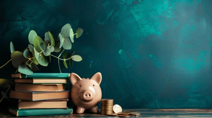 Fotobehang books, piggy bank and coins on wooden table, financial education concept generative ai © Kelly