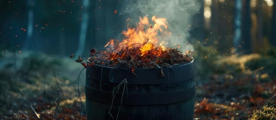 Wandcirkels tuinposter A barrel filled with burning plant debris stands ablaze in the middle of a dense forest during spring in Sweden. The fire emits flames and smoke, surrounded by trees and underbrush. © TheWaterMeloonProjec