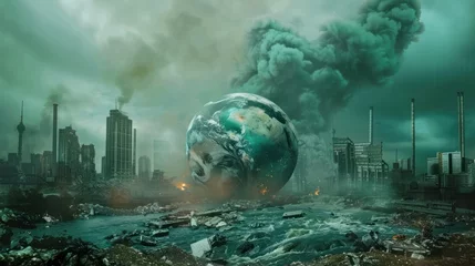 Fotobehang Concept of a global catastrophe: the Earth devastated by pollution, with the greenhouse effect and global warming wreaking havoc on our planet © Orxan