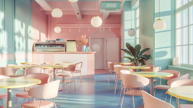 3D Render Of A Pastel-colored Cafeteria With Round Tables, Chairs, And A Self-serve Food Station, No People, Peaceful Ambiance