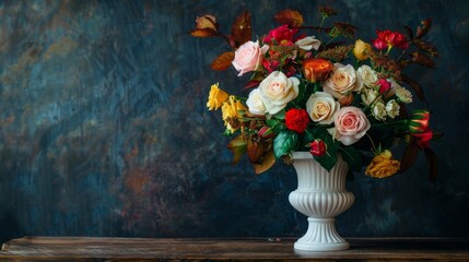 beautiful white vase on a table with an arrangement of autumn flowers generative ai